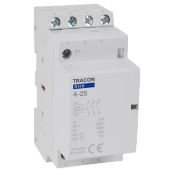   Tracon SHK4-25, Installációs kontaktor 230V AC, 50Hz, 2 Mod, 4×NO, AC1/AC7a, 25A