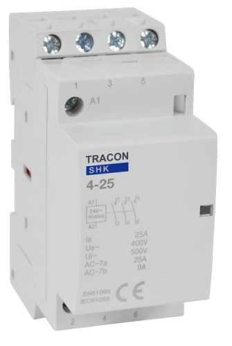 Tracon SHK4-25, Installációs kontaktor 230V AC, 50Hz, 2 Mod, 4×NO, AC1/AC7a, 25A