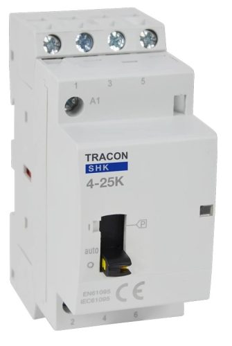 Tracon SHK4-25K, Installációs kontaktor 230V AC, 50Hz, 2 Mod, 4×NO, AC1/AC7a, 25A