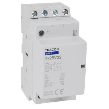   Tracon SHK4-25V22, Installációs kontaktor 230V AC, 50Hz, 2 Mod, 2×NO+2×NC, AC1/AC7a, 25A