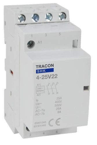 Tracon SHK4-25V22, Installációs kontaktor 230V AC, 50Hz, 2 Mod, 2×NO+2×NC, AC1/AC7a, 25A