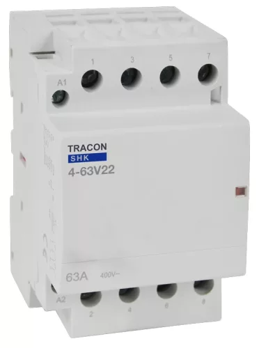 Tracon SHK4-63V22, Installációs kontaktor 230V AC, 50Hz, 3 Mod, 2×NO+2×NC, AC1/AC7a, 63A
