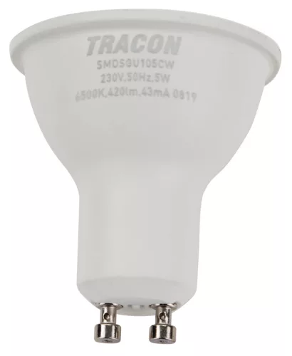 Tracon SMDCGU105CW műanyag házas SMD LED spot fényforrás, GU10, 5W, 470lm, 6500K hidegfehér, 120°, CREE chip, EEI=F