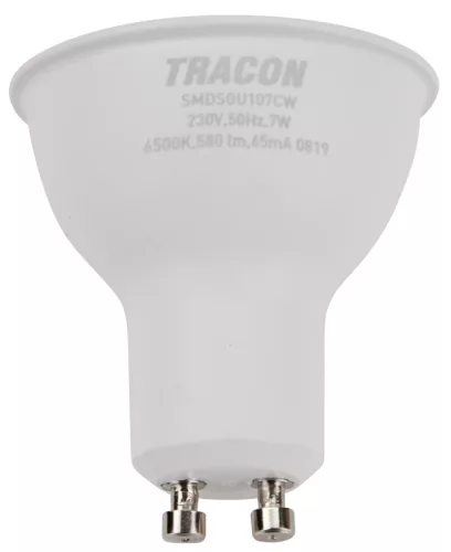 Tracon SMDCGU107CW műanyag házas SMD LED spot fényforrás, GU10, 7W, 650lm, 6500K hidegfehér, 120°, CREE chip, EEI=F