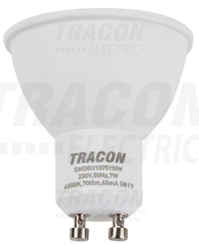 Tracon SMDGU1075YNW, Műanyag házas SMD LED spot fényforrás 230 VAC, 50 Hz, GU10, 7 W, 700 lm, 4000 K, 120°, 