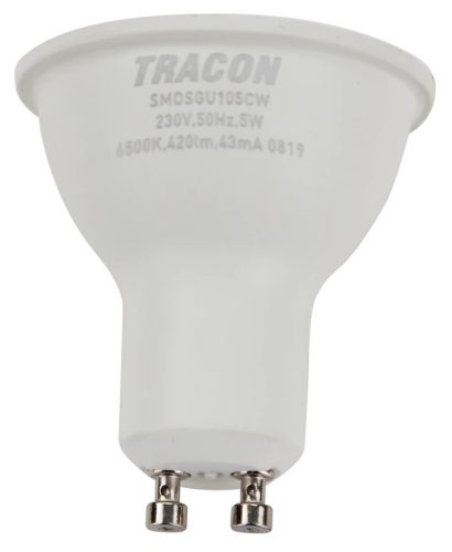 Tracon SMDSGU105CW, Műanyag házas SMD LED spot fényforrás SAMSUNG chippel 230V,50Hz,GU10,5W,420lm,6500K,120°,SAMSUNG chip,