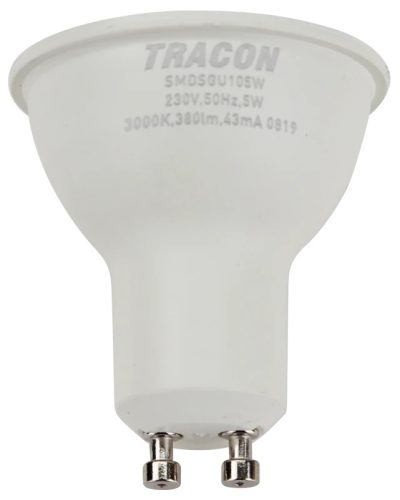Tracon SMDSGU105W, Műanyag házas SMD LED spot fényforrás SAMSUNG chippel 230V,50Hz,GU10,5W,380lm,3000K,120°,SAMSUNG chip,