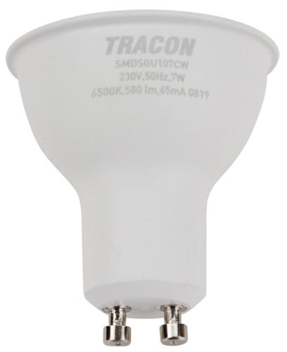 Tracon SMDSGU107CW, Műanyag házas SMD LED spot fényforrás SAMSUNG chippel 230V,50Hz,GU10,7W,580lm,6500K,120°,SAMSUNG chip,
