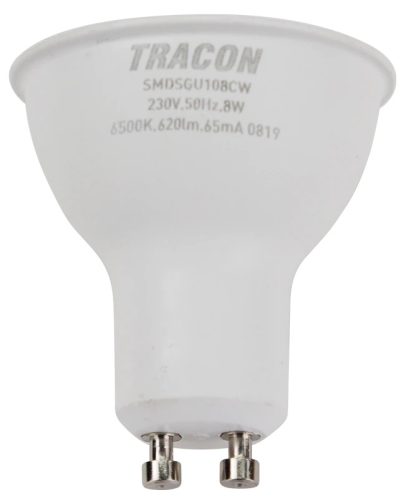 Tracon SMDSGU108CW, Műanyag házas SMD LED spot fényforrás SAMSUNG chippel 230V,50Hz,GU10,8W,620lm,6500K,120°,SAMSUNG chip,