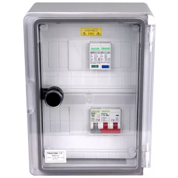   Tracon SPBPV116 Túlfeszültség-védelmi doboz fotovoltaikus rendszerekhez 280×210×130mm,IP65,IK10,AC1+2, 230V, In:16A, Iimp:12.5kA,