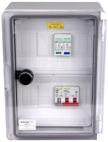 Tracon SPBPV116 Túlfeszültség-védelmi doboz fotovoltaikus rendszerekhez 280×210×130mm,IP65,IK10,AC1+2, 230V, In:16A, Iimp:12.5kA,