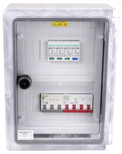 Tracon SPBPV316 Túlfeszültség-védelmi doboz fotovoltaikus rendszerekhez 330×250×130mm,IP65,IK10,AC1+2, 400V, In:16A, Iimp:12.5kA,