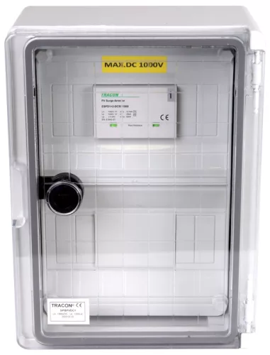 Tracon SPBPVDC1 Túlfeszültség-védelmi doboz fotovoltaikus rendszerekhez 280×210×130mm, IP65, DC1+2, Un=1000VDC