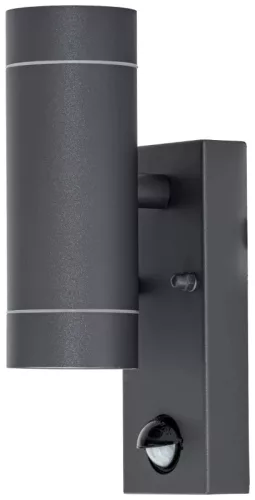 Tracon SPGU10IPFS2A Oldalfali spot lámpatest mozgásérzékelővel, kültéri,antracit 100-240VAC,50Hz,2xGU10,max35W,10s-4min,max 8m,3-2000lx,IP44