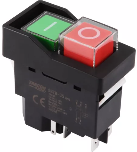 Tracon SSTM-035, Relés biztonsági kapcsoló, bepattintható, fekete kerettel 5PIN, 230 VAC, 12A/AC3, IP54, 6,3×0,8