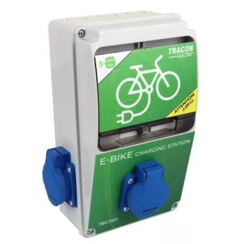   Tracon TBCS02 Elektromos kerékpár töltőállomás védelemmel Prot.:RCCBO,Out:3×SCHUKO