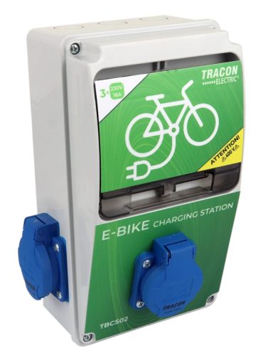 Tracon TBCS02 Elektromos kerékpár töltőállomás védelemmel Prot.:RCCBO,Out:3×SCHUKO