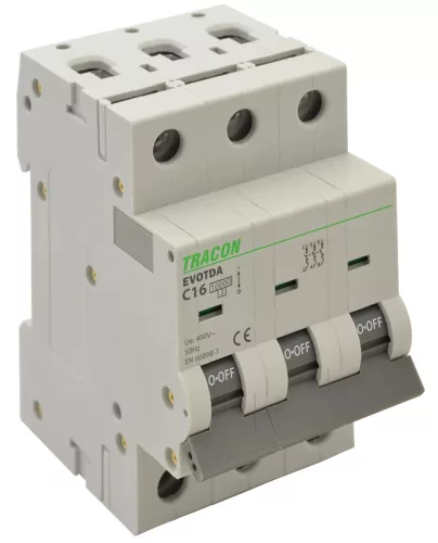 Tracon TDA-3D-63 kismegszakító, 3 pólus, D karakterisztika, 63 A, 10 kA