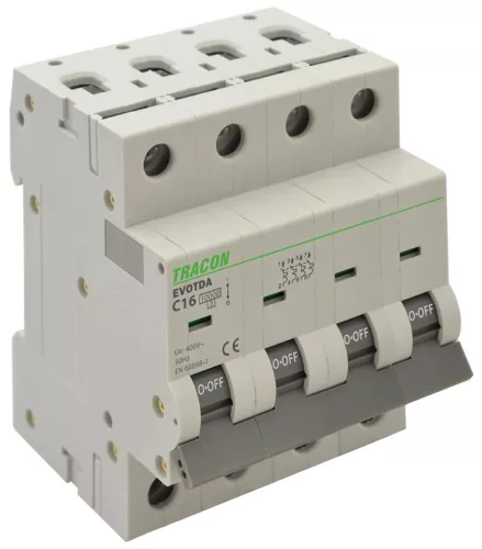 Tracon TDA-4D-13 kismegszakító, 4 pólus, D karakterisztika, 13 A, 10 kA