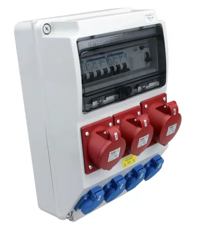 Tracon TDB03-12MV Csatlakozó doboz védelemmel, vezetékezett, készre szerelt Prot.:RCCB,MCB,Out:4×SCHUKO+2×16A(3P+N+E)+1×32A(3P+N+E)