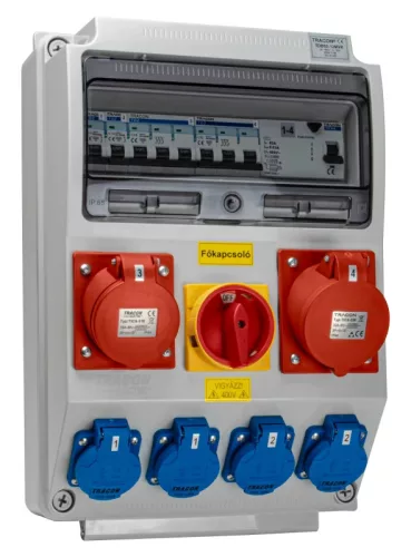 Tracon TDB03-12MVK Csatlakozó doboz védelemmel,főkapcs.,vezetékezett,készre sz. Prot.:RCCB,MCB,Out:4×SCHUKO+1×16A(3P+N+E)+1×32A(3P+N+E)