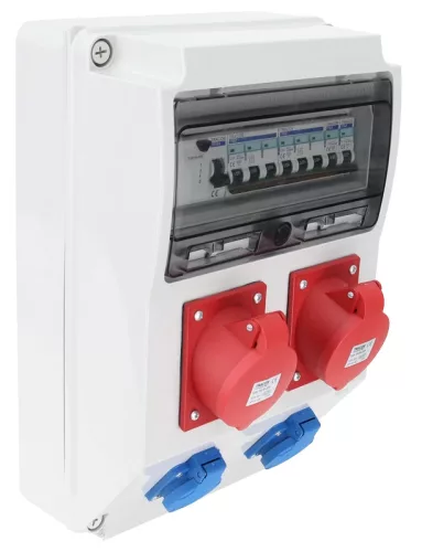 Tracon TDB09-12MV Csatlakozó doboz védelemmel, vezetékezett, készre szerelt Prot.: RCCB, MCB Out: 2×SCHUKO+2×32A(3P+N+E)