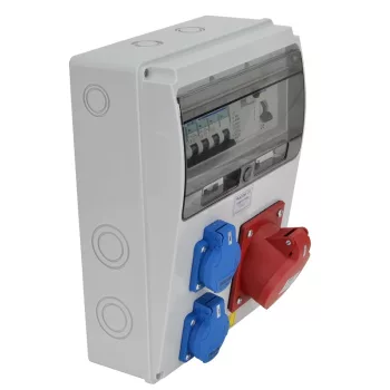   Tracon TDB10-11MVSK Csatlakozó doboz védelemmel, vezetékezett, készre szerelt Prot.:RCCB,MCB,Out:2×FRENCH+1×32A(3P+N+E)