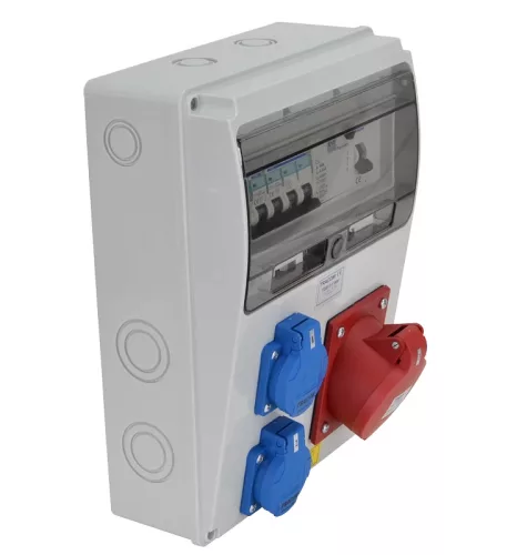 Tracon TDB10-11MVSK Csatlakozó doboz védelemmel, vezetékezett, készre szerelt Prot.:RCCB,MCB,Out:2×FRENCH+1×32A(3P+N+E)