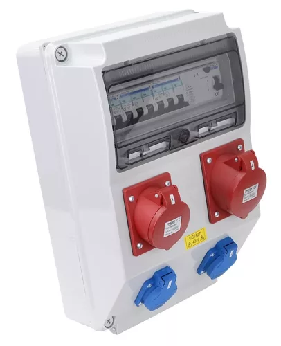 Tracon TDB12-12MV, Csatlakozó doboz védelemmel, vezetékezett, készre szerelt Prot.: RCCB, MCB Out: 2×SHUKO+1×32A(3P+N+E)+1×16A(3P+N+E)