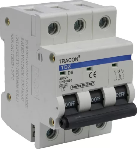 Tracon TDZ-3D-6, Kismegszakító, 3 pólus, D karakterisztika 6A, 6kA