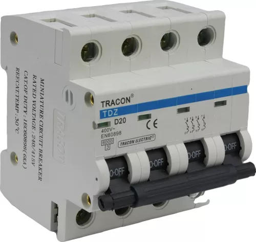 Tracon TDZ-4D-4, Kismegszakító, 4 pólus, D karakterisztika 4A, 6kA