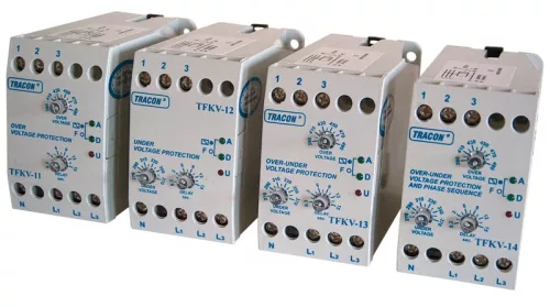 Tracon TFKV-11 Védőrelé, feszcsökkenést/fesznöv. 3 fázisra, állítható Umin=100V / Umax=390-490V, 0.2s-15s, 5A/250V