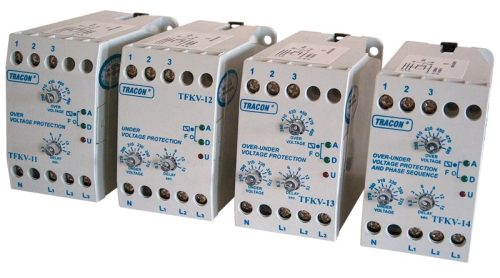Tracon TFKV-13 Védőrelé, feszcsök/fesznöv. 3 fázisra, állítható Umin=300-400V / Umax=420-495V, 0.2s-15s, 5A/250V