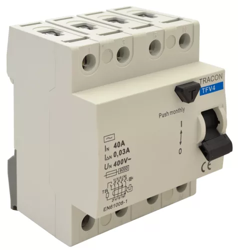 Tracon TFV4-40030, Áram-védőkapcsoló, 4 pólusú 40A, 30mA, 6kA, AC