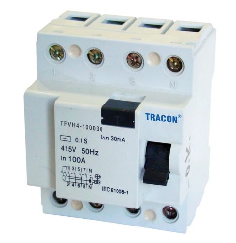 Tracon TFVH4-80100, Áram-védőkapcsoló, nagyáramú, 4 pólusú 80A, 100mA, 6kA, AC