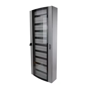   Tracon TGE6015025 Ívelt biztonsági üvegajtós fém maszkolt elosztószekrény, 216 modul, 9 sor, átlátszó ajtóval, 1500x600x250, IP54, falon kívüli