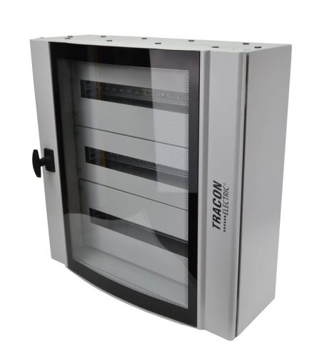 Tracon TGE606020 Maszkolt fém szekrény, 72 modul, 3 sor, átlátszó ajtóval, 600x600x200, IP54, falon kívüli