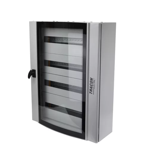 Tracon TGE607520 Maszkolt fém szekrény, 96 modul, 4 sor, átlátszó ajtóval, 750x600x200, IP54, falon kívüli