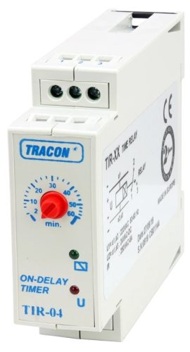 Tracon TIR-04 Egyfunkciós időrelé, meghúzáskésleltetés 230V AC/24V AC/DC, 2-60min, 5A/250V AC