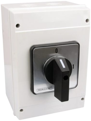 Tracon TK-129/4T65 Tokozott kézikapcsoló, BE-KI 400V, 50Hz, 125A, 4P, 30kW, 88×88mm, 90°, IP65