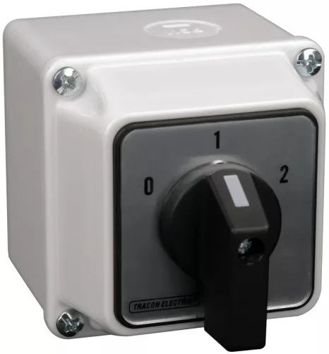 Tracon TKB-206/3T Tokozott választókapcsoló, 0-1-2 400V, 50Hz, 20A, 2×3P, 5,5kW, 48×48mm, 60°, IP44