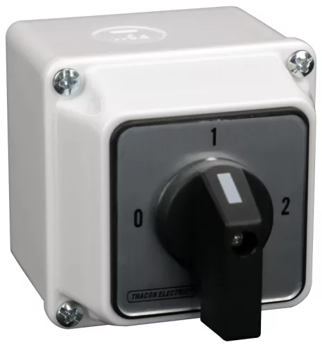 Tracon TKB-209/3T65 Tokozott választókapcsoló, 0-1-2 400V, 50Hz, 20A, 2×3P, 5,5kW, 48×48mm, 90°, IP65