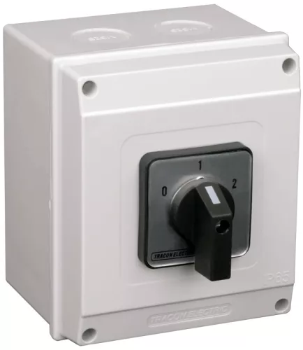 Tracon TKB-256/4T65 Tokozott választókapcsoló, 0-1-2 400V, 50Hz, 25A, 2×4P, 7,5kW, 48×48mm, 60°, IP65