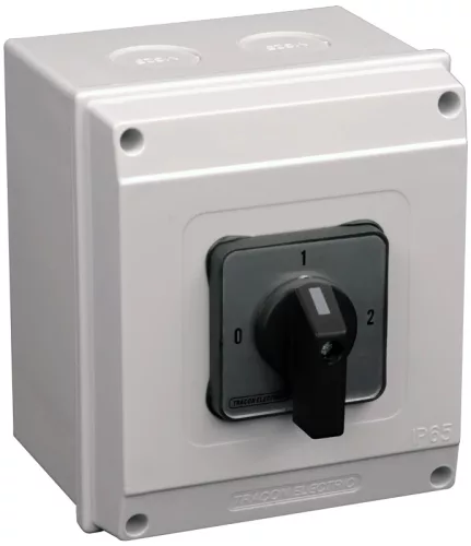 Tracon TKB-639/3T65 Tokozott választókapcsoló, 0-1-2 400V, 50Hz, 63A, 2×3P, 18,5kW, 64×64mm, 90°, IP65