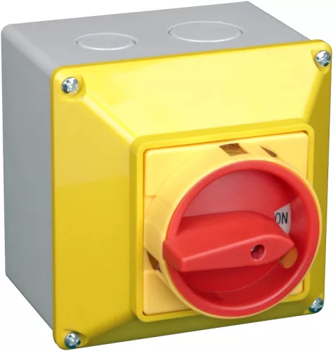 Tracon TKFL-20TS Tokozott főkapcsoló, lakatolható, sárga fedéllel, BE-KI 400V, 50Hz, 20A, 4P, 5,5kW, 48×48mm, IP44