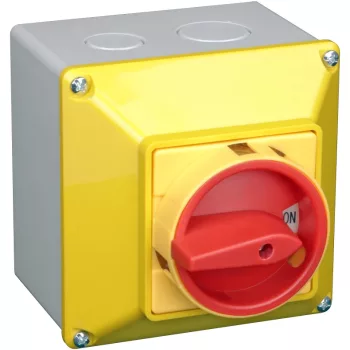   Tracon TKFL-63TS Tokozott főkapcsoló, lakatolható, sárga fedéllel, BE-KI 400V, 50Hz, 63A, 4P, 18,5kW, 64×64mm, IP44
