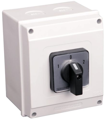 Tracon TKM-63/NT65 Tokozott közvetlen irányváltó motorkapcsoló, 1-0-2 400V, 50Hz, 63A, 18,5kW, 64×64mm, IP65