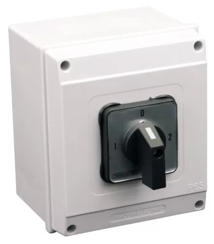 Tracon TKV-259/4T65 Tokozott választókapcsoló, 1-0-2 400V, 50Hz, 25A, 2×4P, 7,5kW, 48×48mm, 90°, IP65