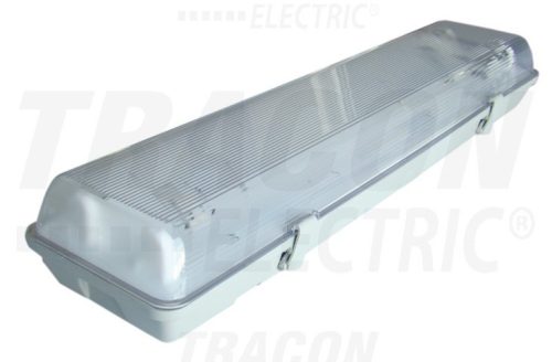 Tracon TLFV-218M, 2x18W, por- és páramentes kültéri lámpatest, magnetikus előtéttel, IP65-ös védelemmel, IK08, T8, hagyományos fénycsőhőz, IK06, 230V, 50Hz, T8, G13, 2×18 W, IP65, ABS/PC, B2, EEI=A