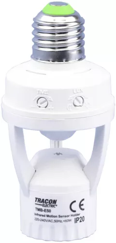 Tracon TMB-E50, Mozgásérzékelő adapter, infra, E27 foglalatba 230 VAC, 120°, max. 6 m, 10 s-5 min, 3-2000 lux